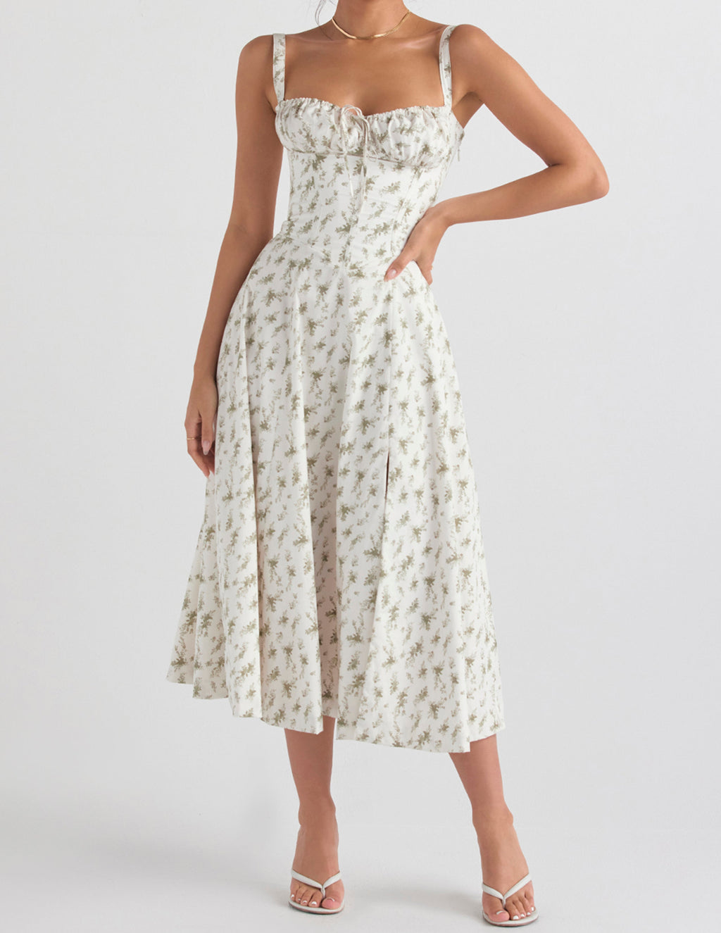 Ditsy Floral Print Sweetheart Corset Front Slit Midi Dress