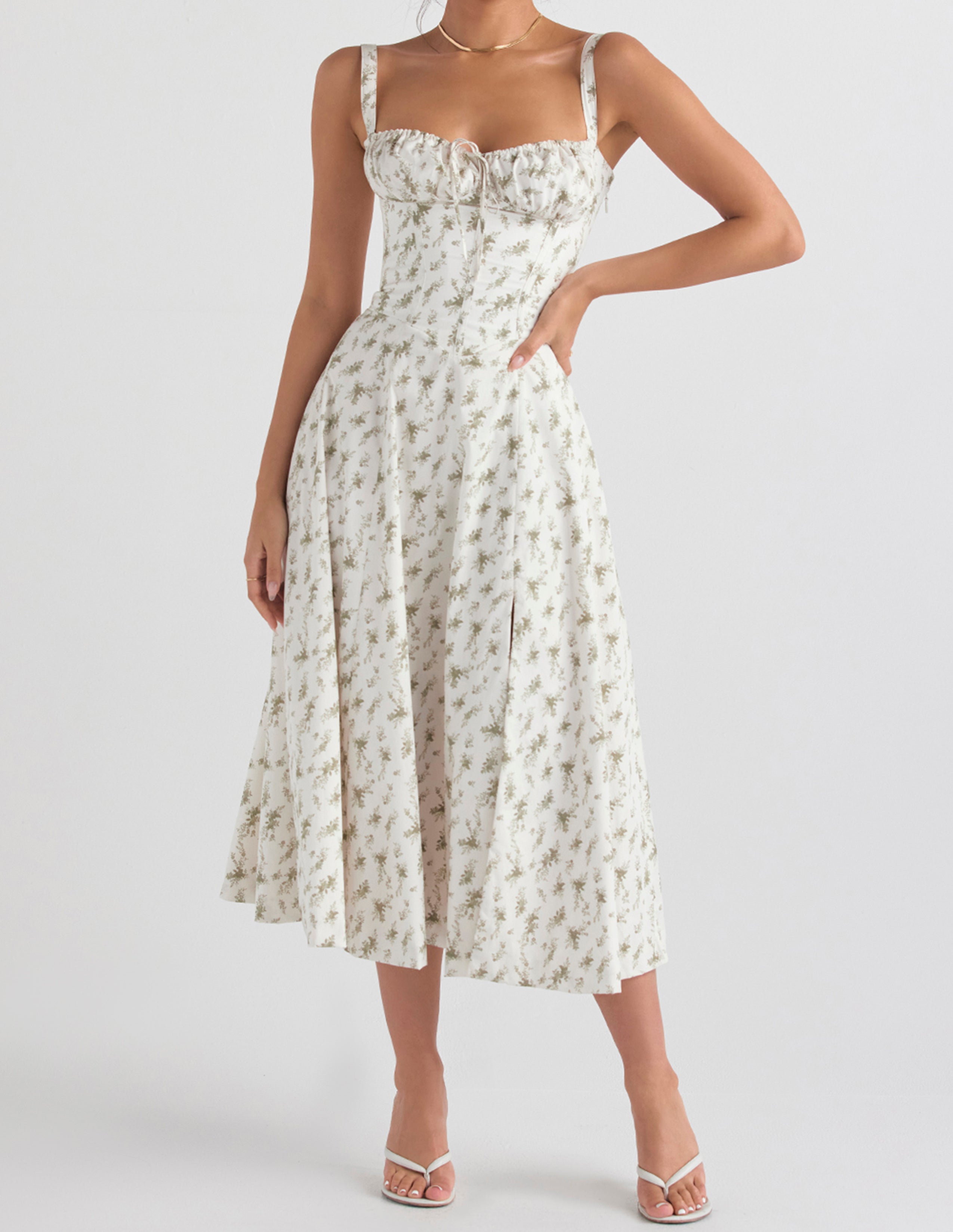 Ditsy Floral Print Sweetheart Corset Front Slit Midi Dress