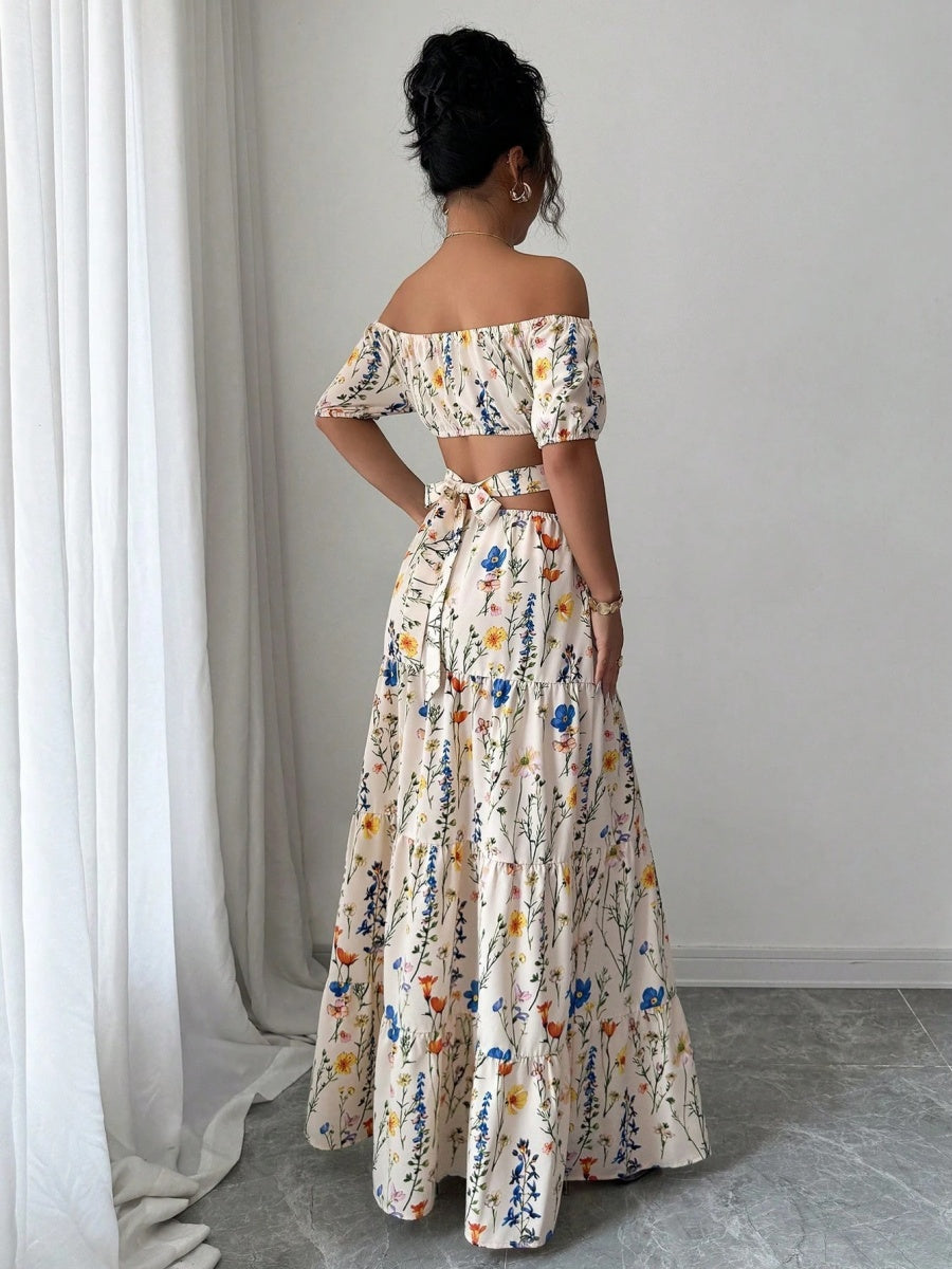Floral Print Backless And Off-shoulder Long Dress