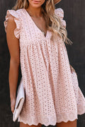 V-Neck Eyelet Lace Flutter Sleeve Pocket Babydoll Mini Dress