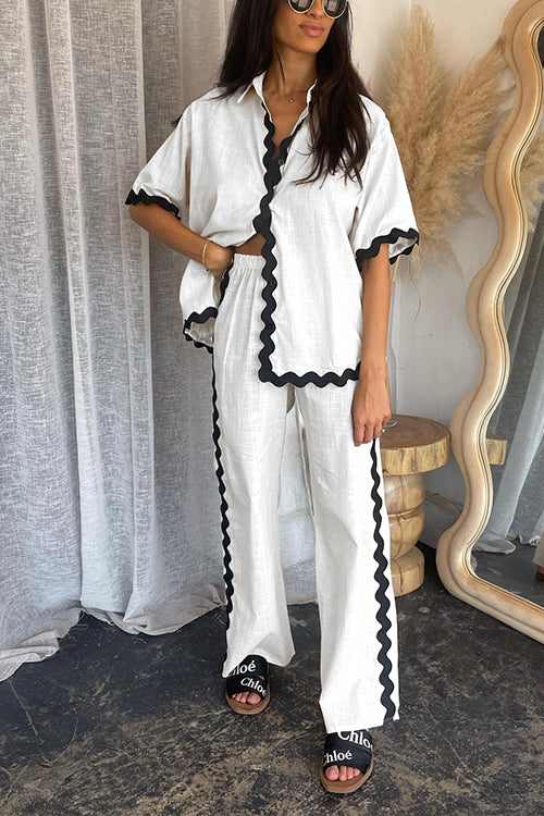 Ric Rac Short Sleeves Button Up Shirt Elastic Waist Pants Set