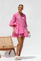 Novelty Sketch Print Collar V-Neck Button Front Tiered Smock Mini Dress