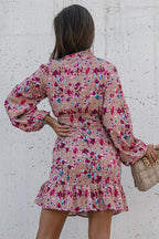 Mock Neck Bishop Sleeve Ruched Front Drawstring Tiered Ruffle Mini Dress