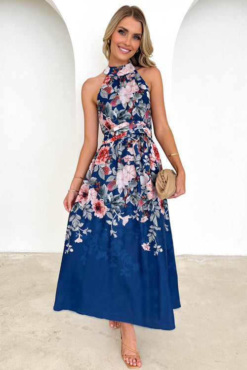 Floral Print Halter Neck Tie Waist A-Line Midi Dress