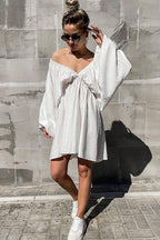 Crinkle Texture Deep V-Neck Puff Sleeve Babydoll Mini Dress