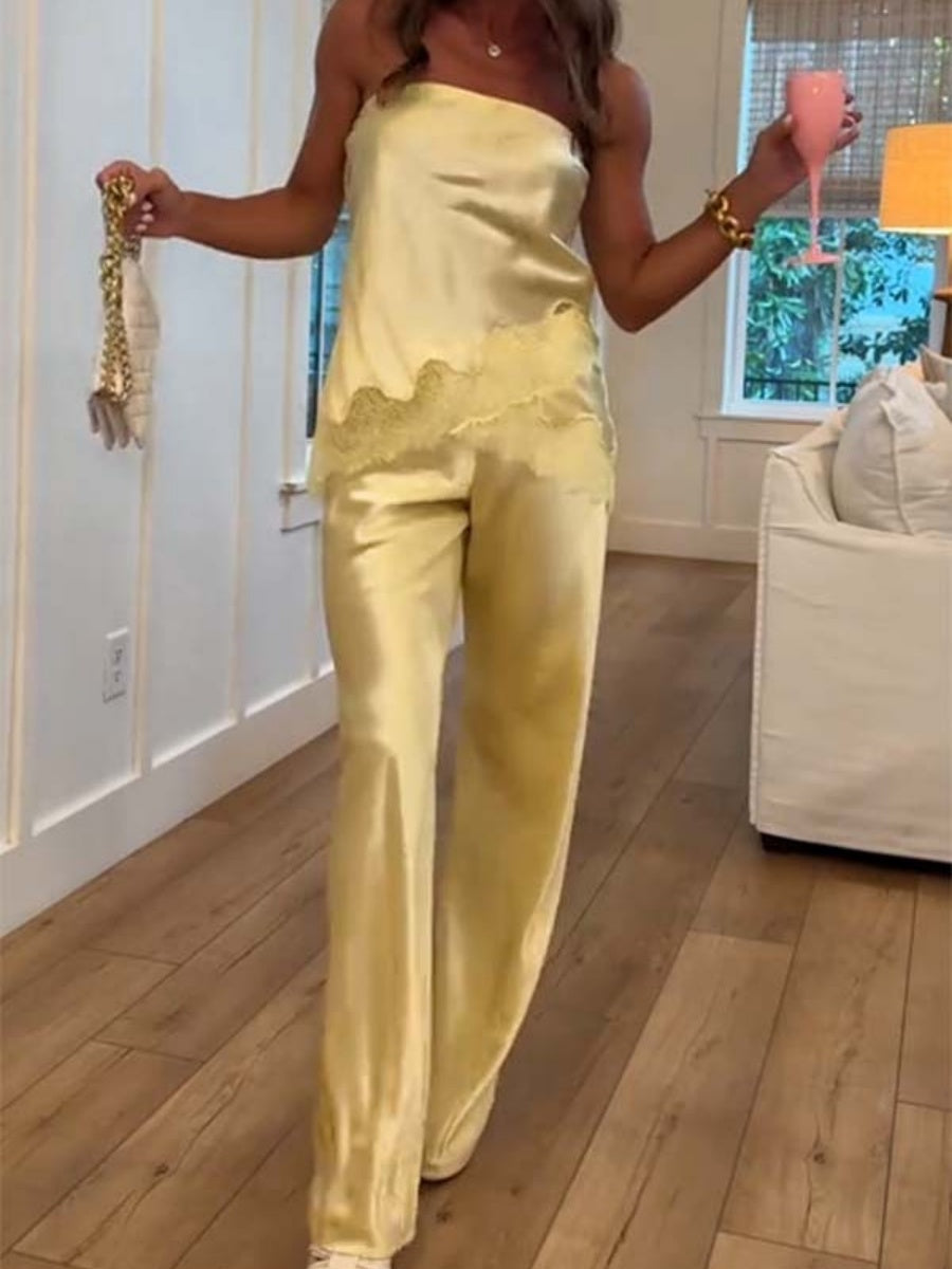 Solid Color Lace Stitching Strapless Top Wide-leg Pants 2-piece Sets
