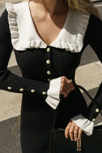 Peter Pan Collar Ribbed Knit Pearl Button Ruffle Cuff Midi Dress