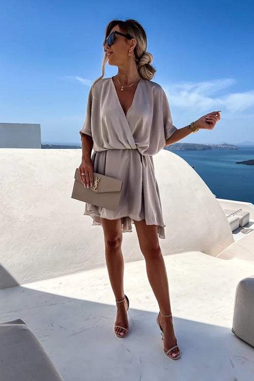 Satin Wrap Front Twist Waist Flutter Sleeve Ruffle Hem Mini Dress
