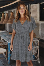 Ditsy Floral Print Surplice V-Neck Flutter Sleeve Drawstring Waist Ruffle Hem Mini Dress