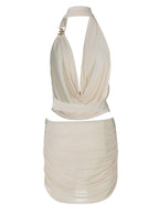 Hollow-out Deep V-neck Spliced Mesh Short Top And Slim-fit See-through Bodycon Skirt Set