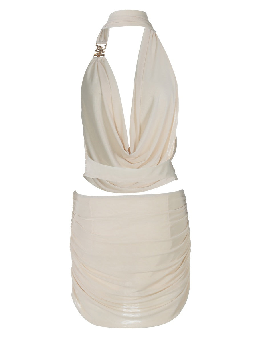 Hollow-out Deep V-neck Spliced Mesh Short Top And Slim-fit See-through Bodycon Skirt Set