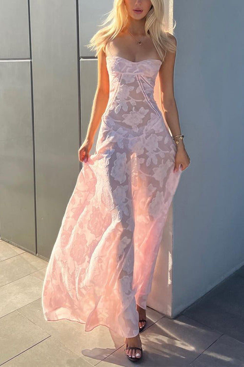 Spaghetti Strap Back Lace-up Applique Flower Maxi Swing Dress