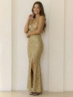 V-neck Sequins Slit Banquet Formal Dress Parties Maxi Dresses