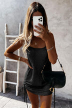 Metallic Knit Spaghetti Strap Side Drawstring Ruched Mini Dress
