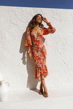 Floral Print Deep V-Neck Puff Sleeve Smocked Ruffle Hem Midi Dress