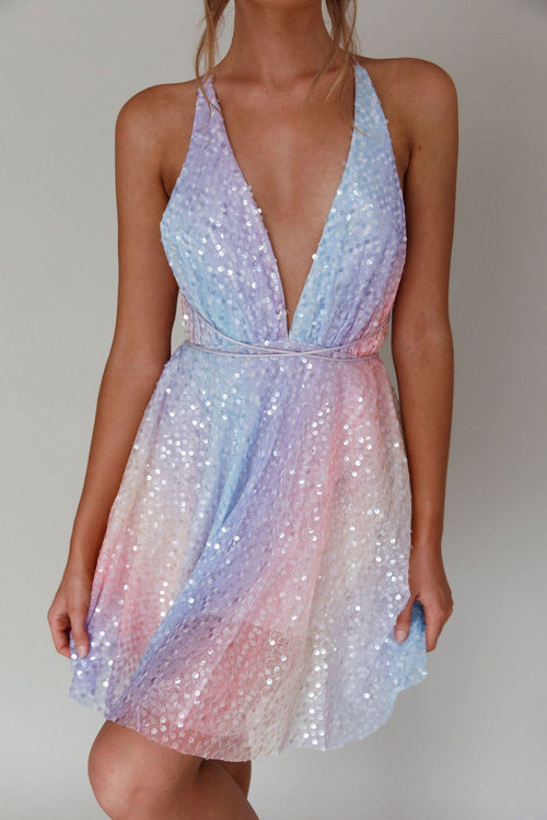Sequin Deep V-Neck Tie Waist Fit and Flare Mini Dress