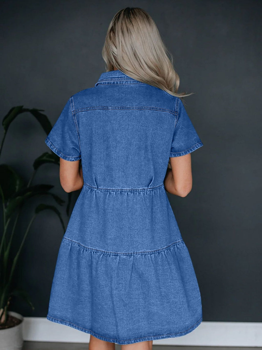 Denim Buttons Short-sleeved Collar Mini&Short Dresses