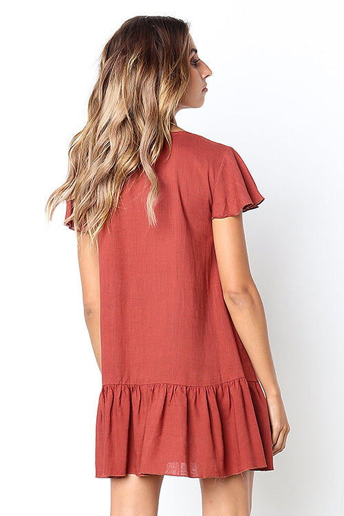 Linen Look V-Neck Button Front Flutter Sleeve Ruffle Hem Mini Dress
