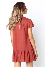 Linen Look V-Neck Button Front Flutter Sleeve Ruffle Hem Mini Dress
