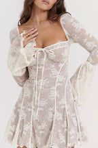 Square Neck Corset Tie Front Floral Lace Bell Sleeve Mini Dress