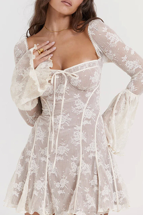 Square Neck Corset Tie Front Floral Lace Bell Sleeve Mini Dress
