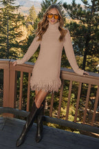 Turtleneck Fuzzy Knit Fringe Hem Long Sleeve Mini Dress
