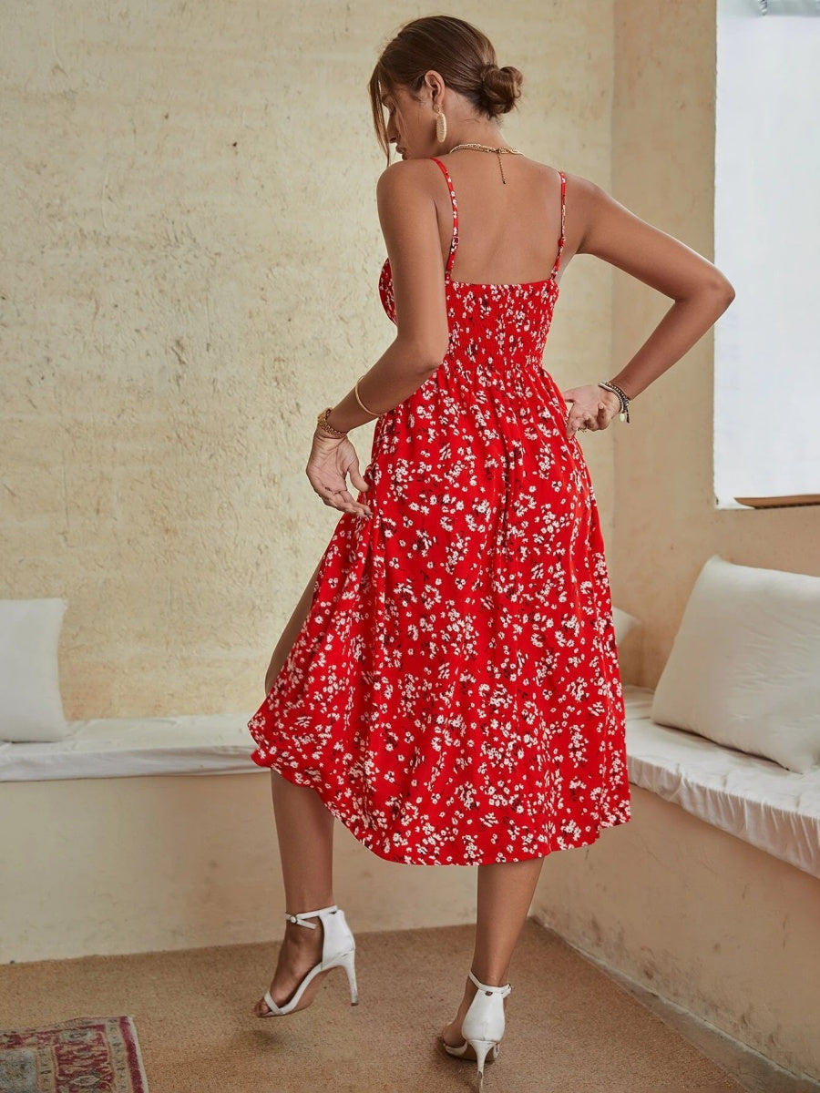 V-neck Bandage Camisoles Floral Slit Vacation And Leisure Maxi Dresses