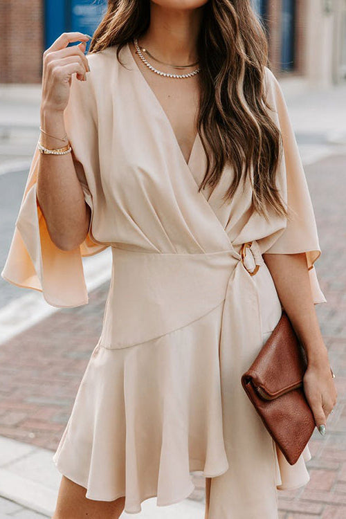 Surplice Wrap Buckle Waist Flutter Sleeve Ruffled Hem Mini Dress