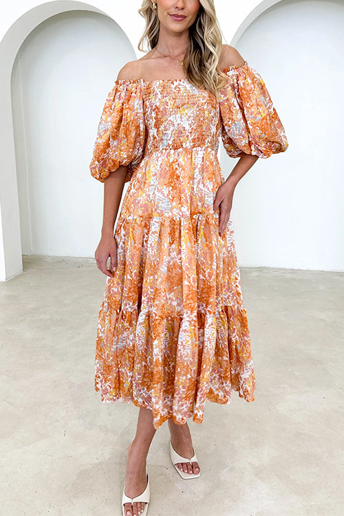 Off Shoulder Puff Sleeves Tiered Printed Midi Holiday Dress