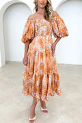 Off Shoulder Puff Sleeves Tiered Printed Midi Holiday Dress