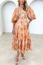 Off Shoulder Puff Sleeves Tiered Printed Midi Holiday Dress