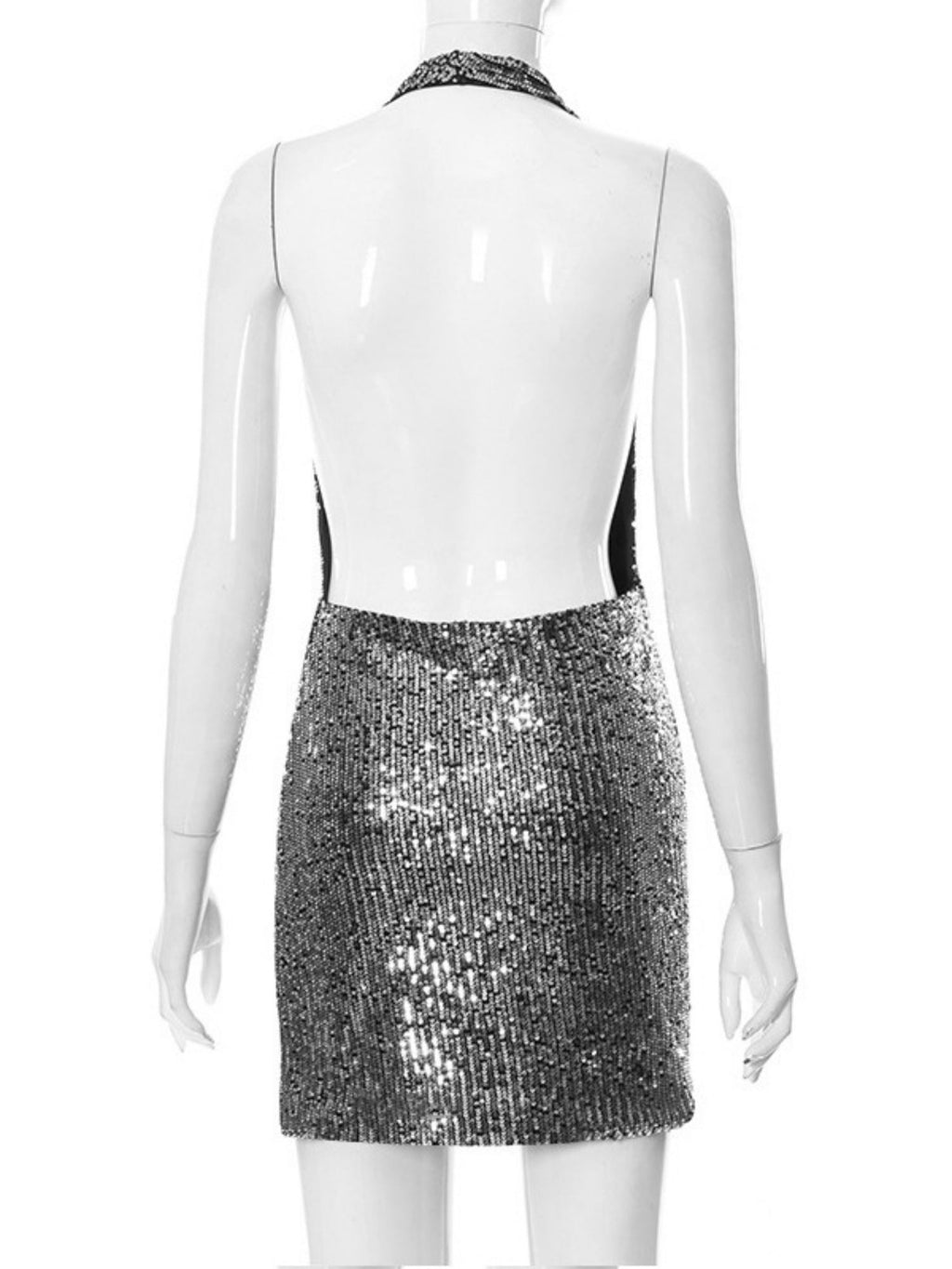 Sequins Deep V Halter Neck Backless Slit Pleats Mini&Short Dresses