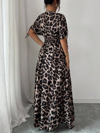 V-neck Short Sleeve Leopard Print Maxi Dresses