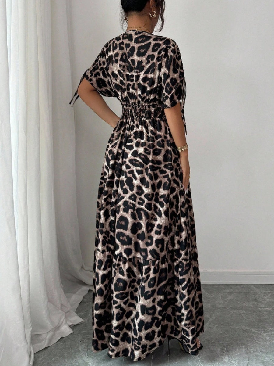 V-neck Short Sleeve Leopard Print Maxi Dresses
