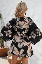 Deep V Neck Button Front Kimono Sleeve Drawstring Botanical Print Mini Dress