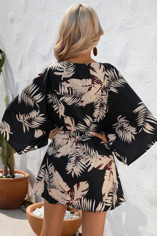 Deep V Neck Button Front Kimono Sleeve Drawstring Botanical Print Mini Dress