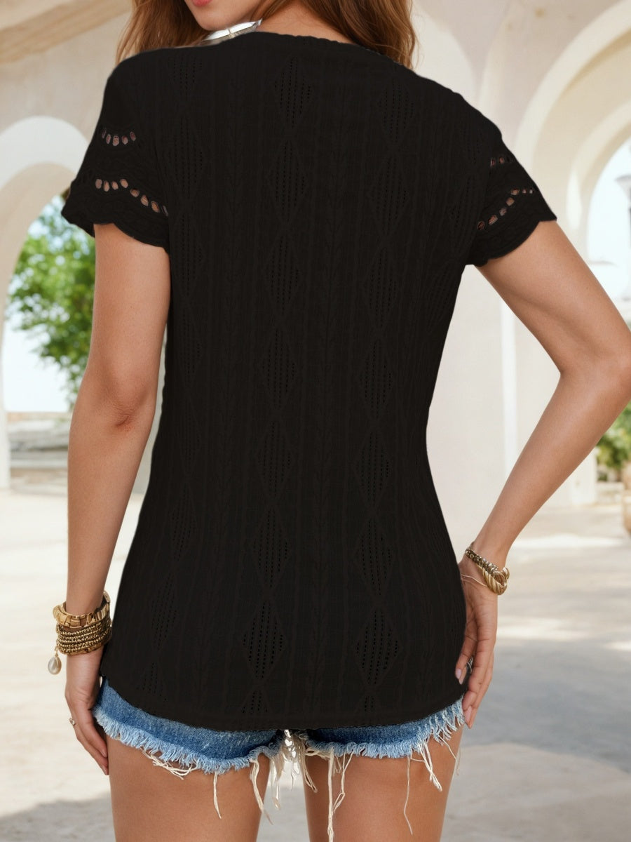 Hollow Jacquard Crew Neck Loose-fit Short Sleeve T-shirts