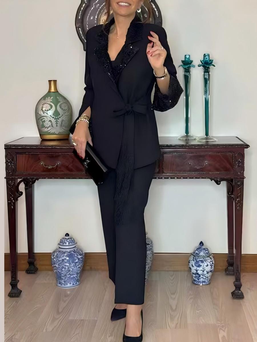 Black V-neck Sequins Lace Up Solid Color Two-piece Suit