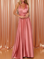 V-neck Satin Ribbon Long Skirt Parties Maxi Dresses