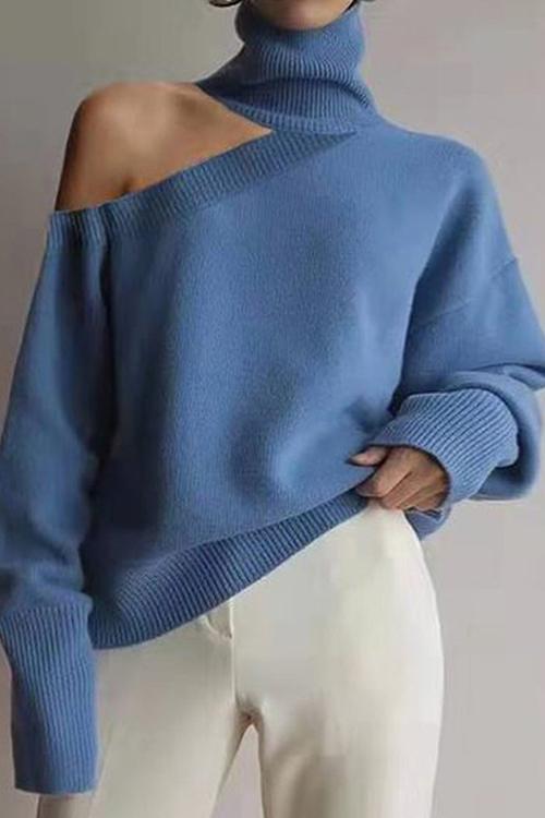 Turtleneck Cold Shoulder Solid Loose Sweater