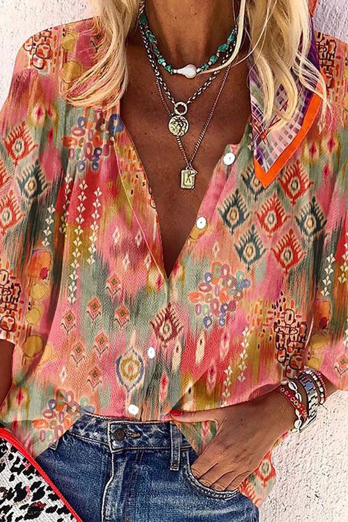 V Neck Long Sleeves Printed Casual Blouse Shirt