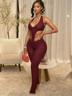 Hollowed-out Perspective Slimming Knitting Deep V Jumpsuits