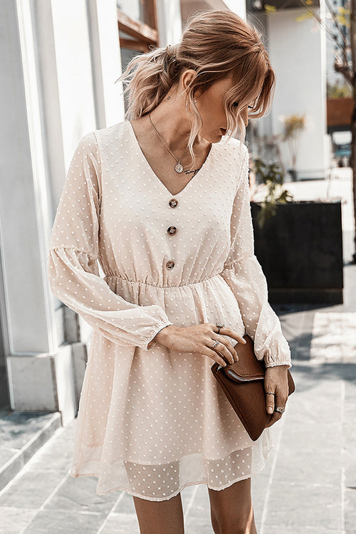 Swiss Dot V-Neck Button Front Elastic Waist Bishop Sleeve Mini Dress
