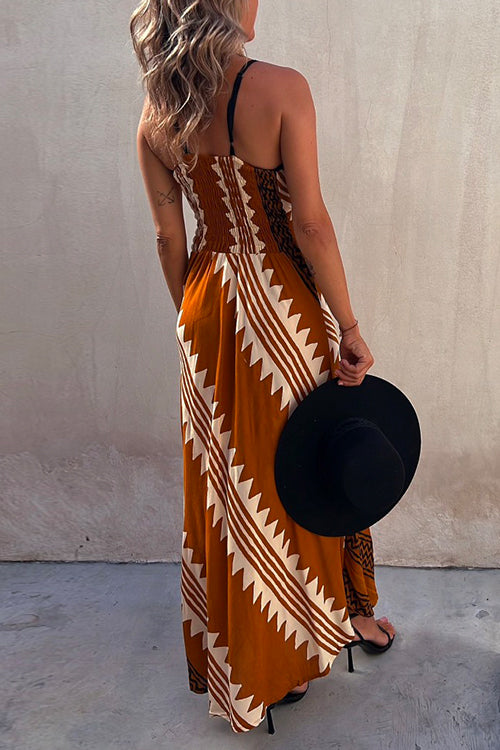 V Neck Color Block Printed Maxi Swing Cami Dress