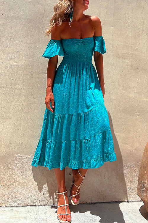 Printed Off Shoulder Smocked High Waist Ruffle Swing Dress