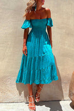 Printed Off Shoulder Smocked High Waist Ruffle Swing Dress