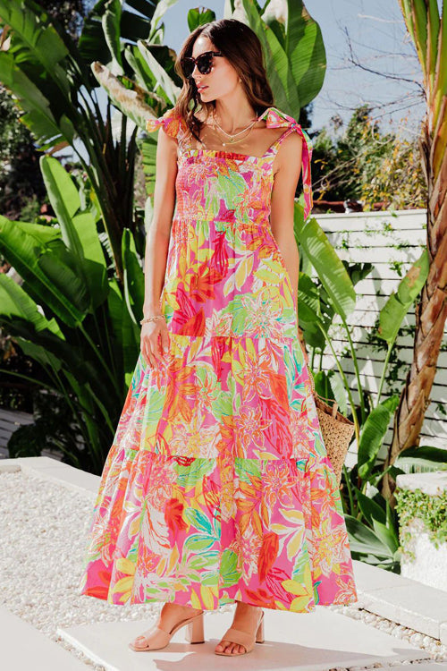 Smocked Square Neck Tie Shoulder Tiered Tropical Floral Maxi Dress