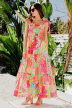 Smocked Square Neck Tie Shoulder Tiered Tropical Floral Maxi Dress