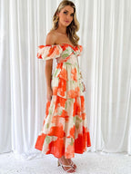 Printed Puff Sleeve Sweetheart Collar Vacation Maxi Dresses