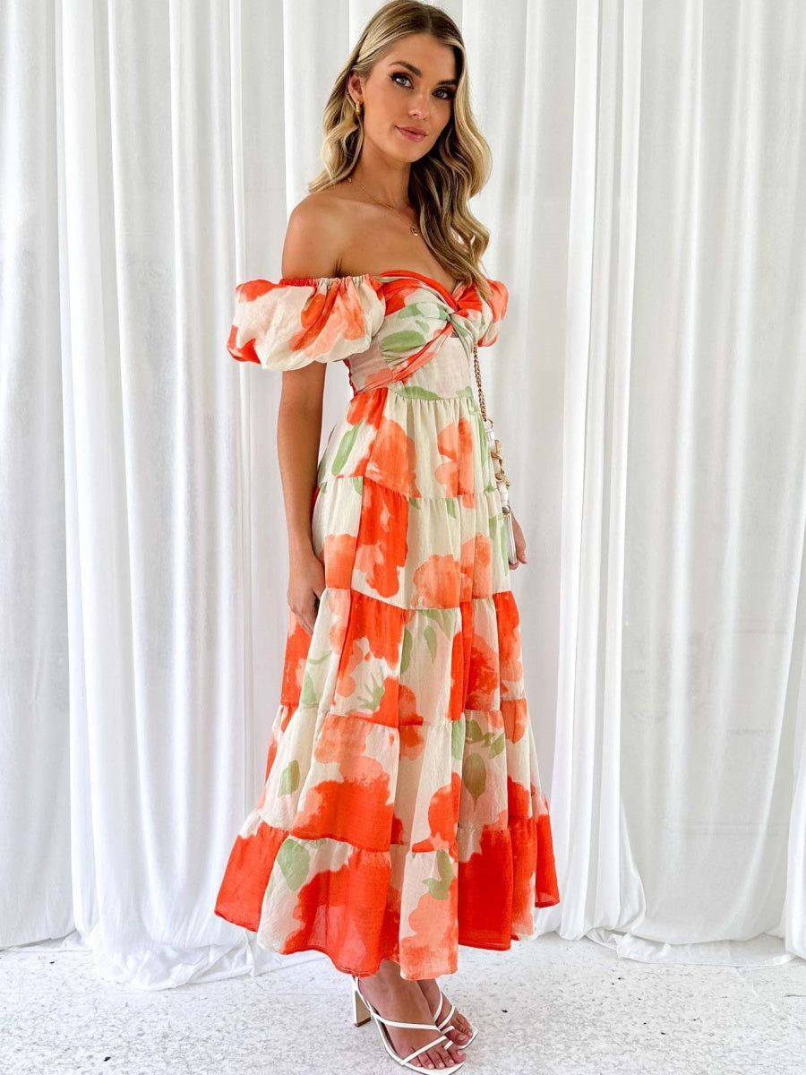 Printed Puff Sleeve Sweetheart Collar Vacation Maxi Dresses